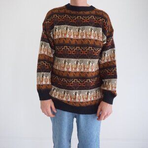 Vintage Black Brown Aztec Biggie Cosby Eclectic Grandpa Knit Crewneck Sweater XL